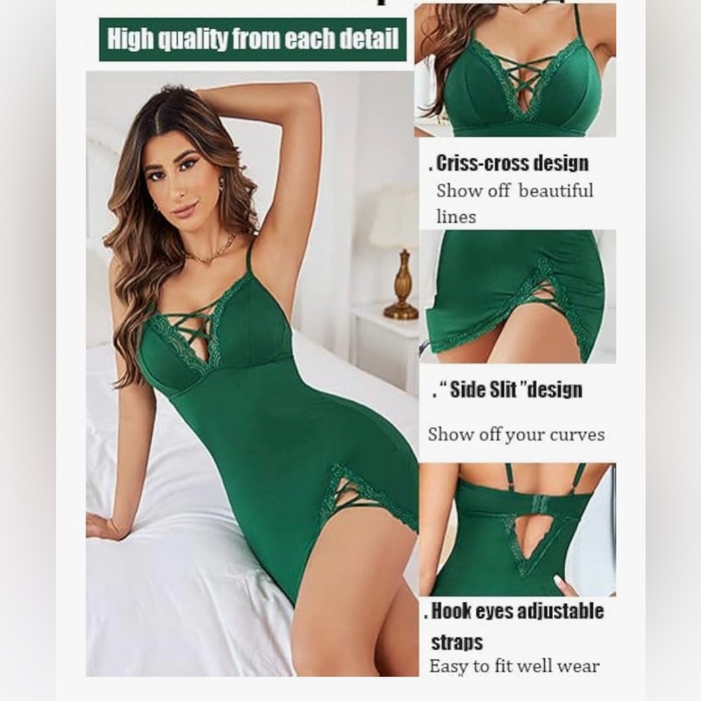 Green Lace Trim Babydoll Chemise Nightgown with Matching Thong - Picture 4 of 7